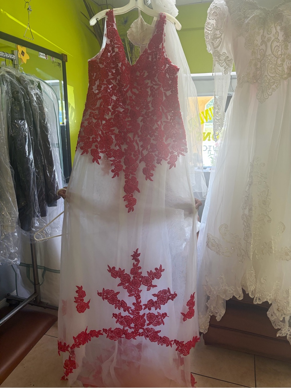 White Maxi Dress with Red Floral Appliqué